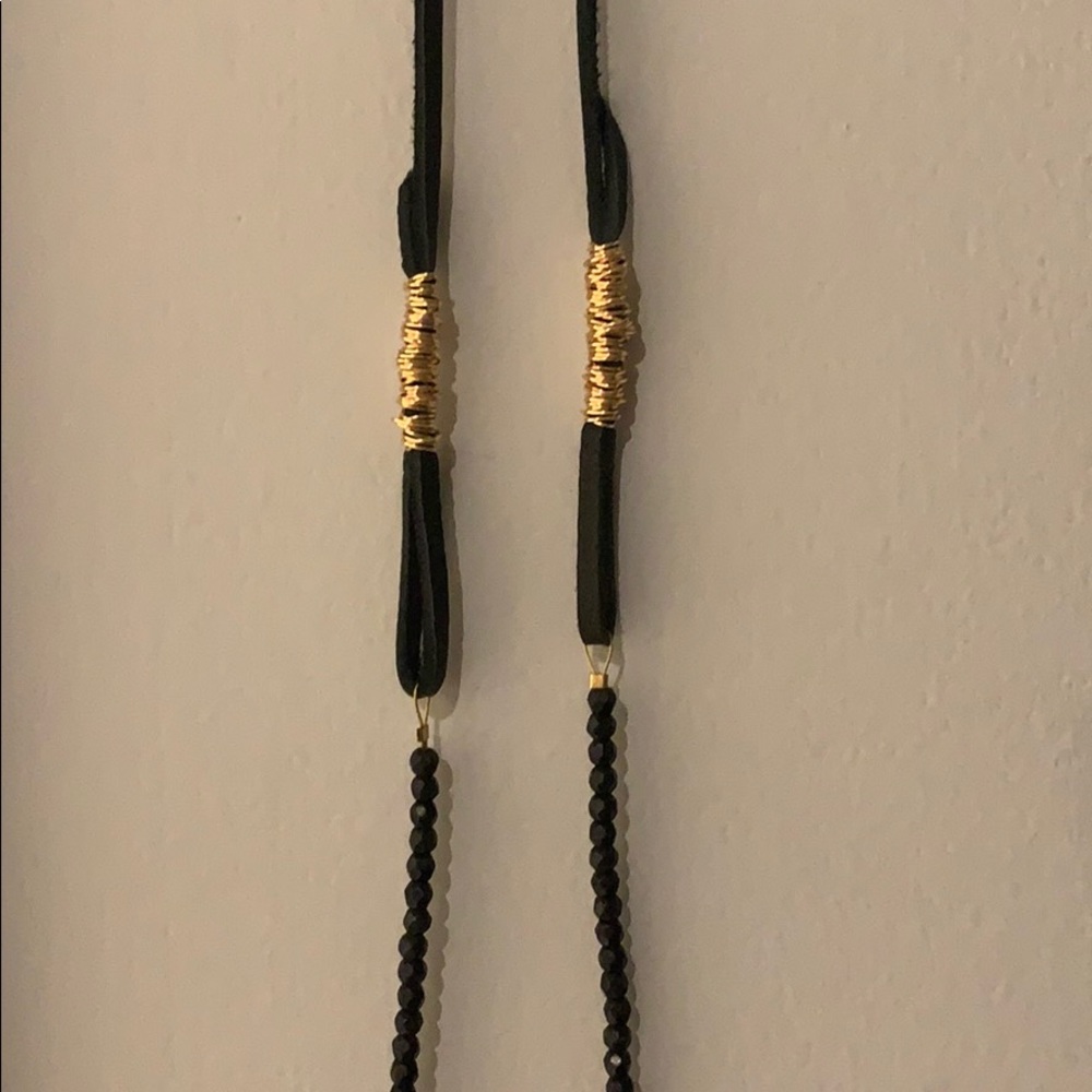 Long black leather beaded layering necklace